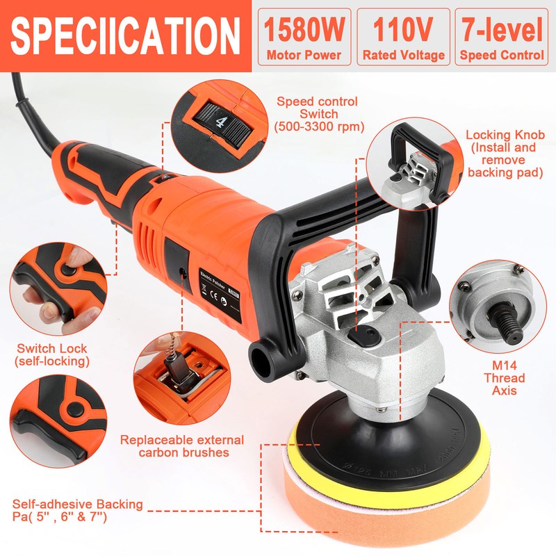 Buffing Pad Machine Kit Buffer Polishing Car Polisher Waxing Tool Set 7" 1580W gallery