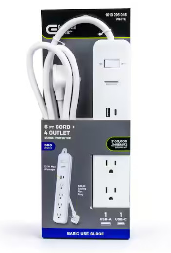 Commercial Electric 6 ft. 4-Outlet Surge Protector with 1 USB-A 1 USB-C Ports gallery
