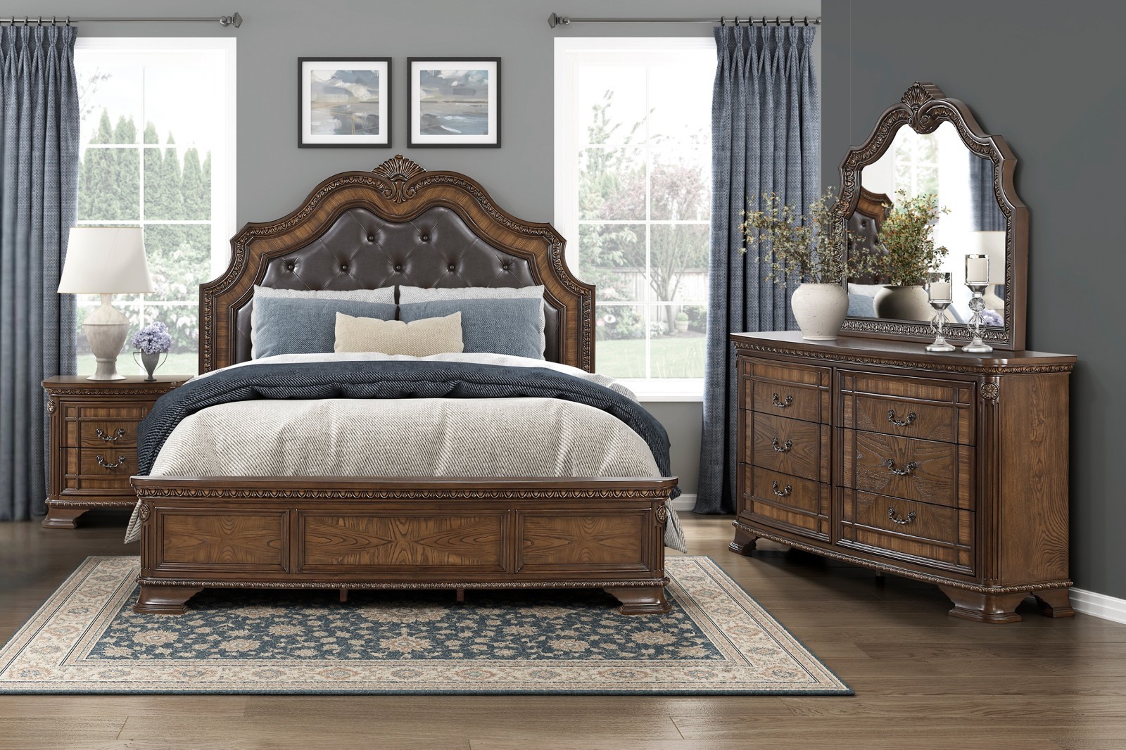 NEW Classic Sleigh 4PC Traditional Queen King Bedroom Set Rich Brown Bed/D/M/N gallery