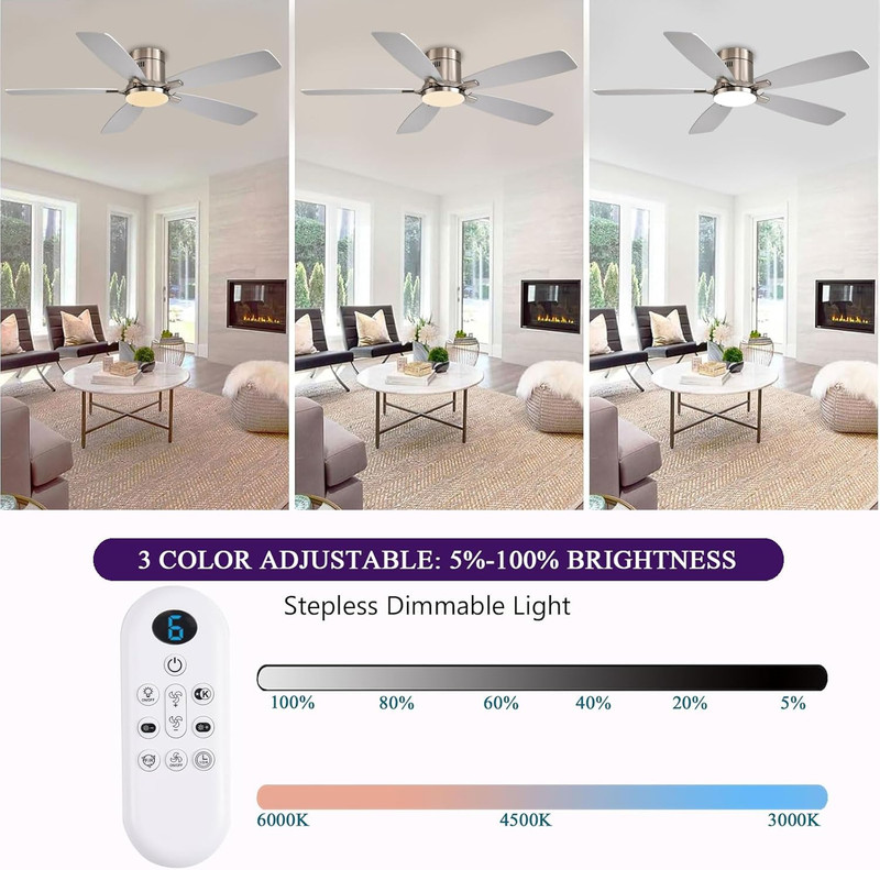 52 Inch Ceiling Fans with Lights, Flush Mount Ceiling Fan with Light and Remote/ gallery