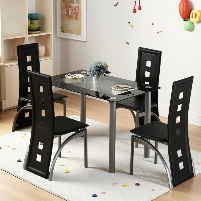 5pcs Dining Set - Tempered Glass Table ,4 Black PU Leather Chairs & Steel Legs gallery