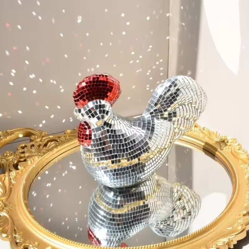 Mirror Disco Ball Rooster Statue Creative Chicken Sculpture Party Home Decor New gallery
