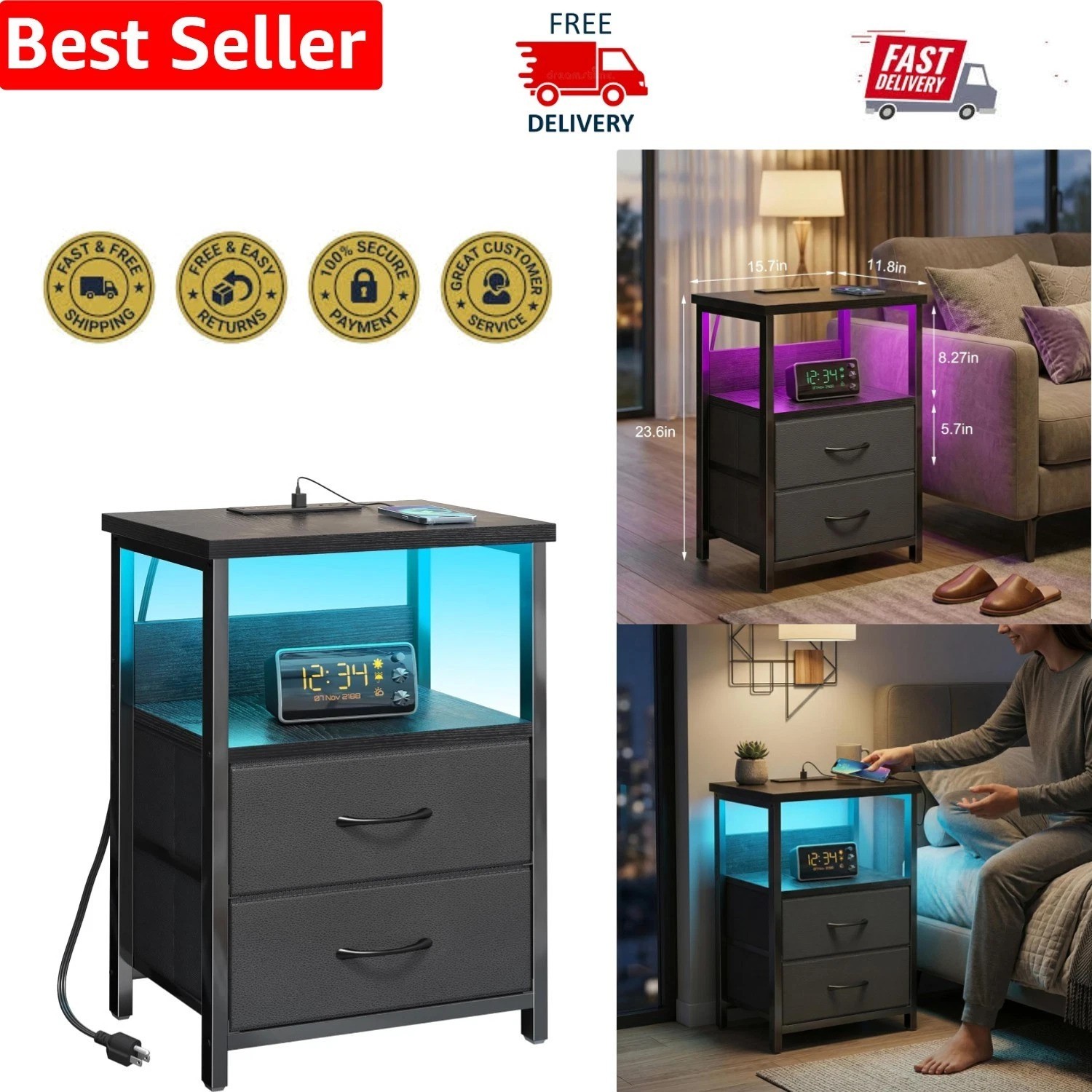 Modern LED Nightstand with Charging Station - 2 Drawers for Organized Space gallery