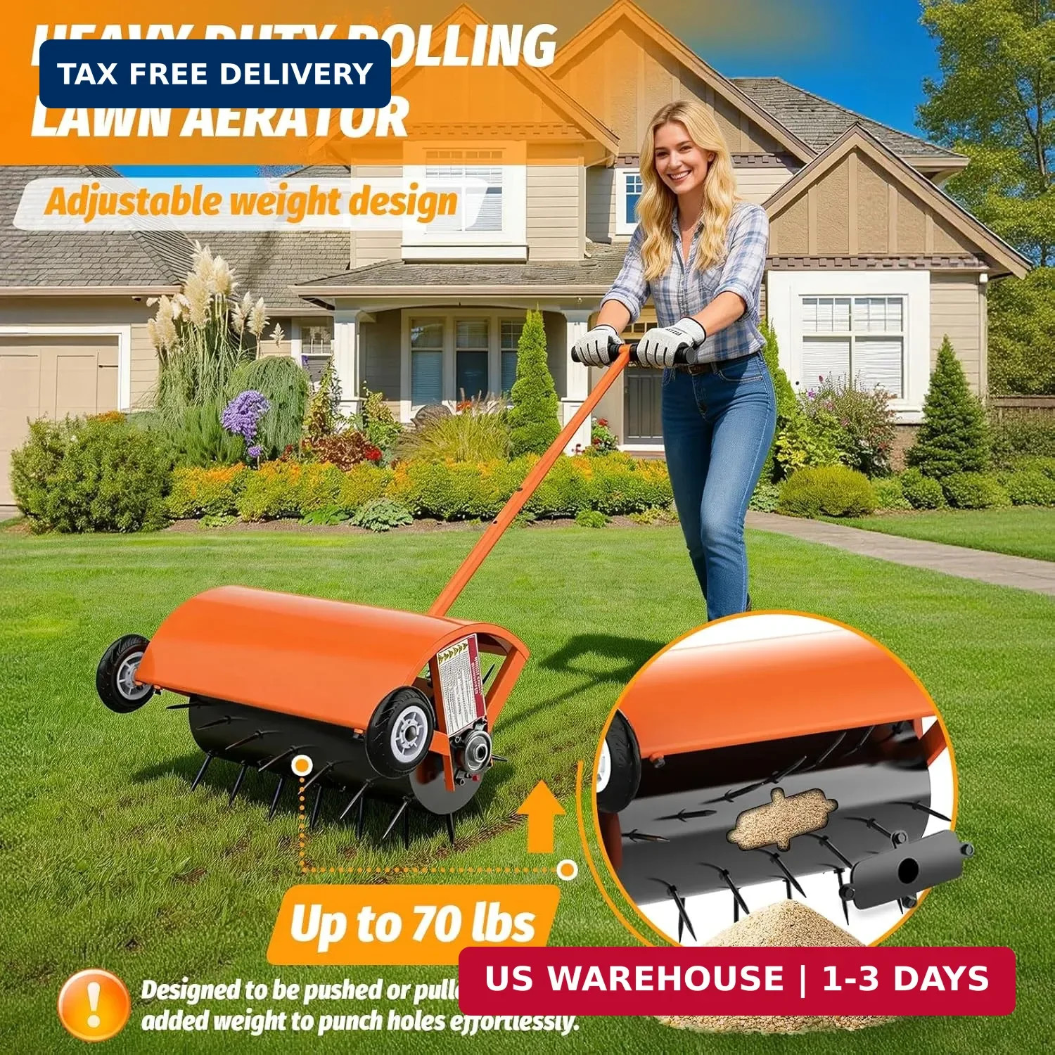 24 Inch Rolling Lawn Aerator, Heavy Duty Manual Aerator Tool, Up to 70 lbs, Push gallery