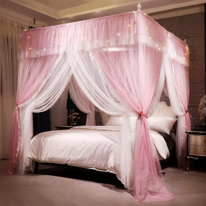 4 Corners Post Ruffle Princess Bed Canopy Curtain-Double Layer Cozy Drape Net... gallery