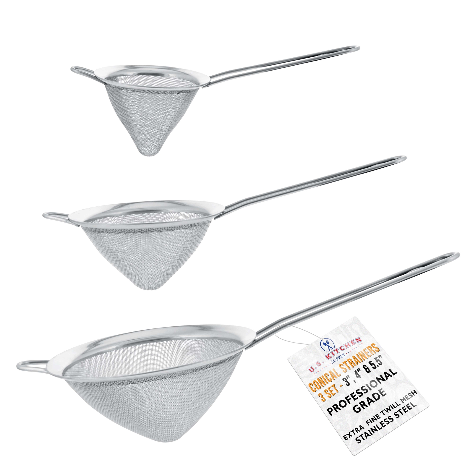 U.S. Kitchen Fine Twill Mesh Stainless Steel Conical Strainer Set 3 4 5" Chinois gallery