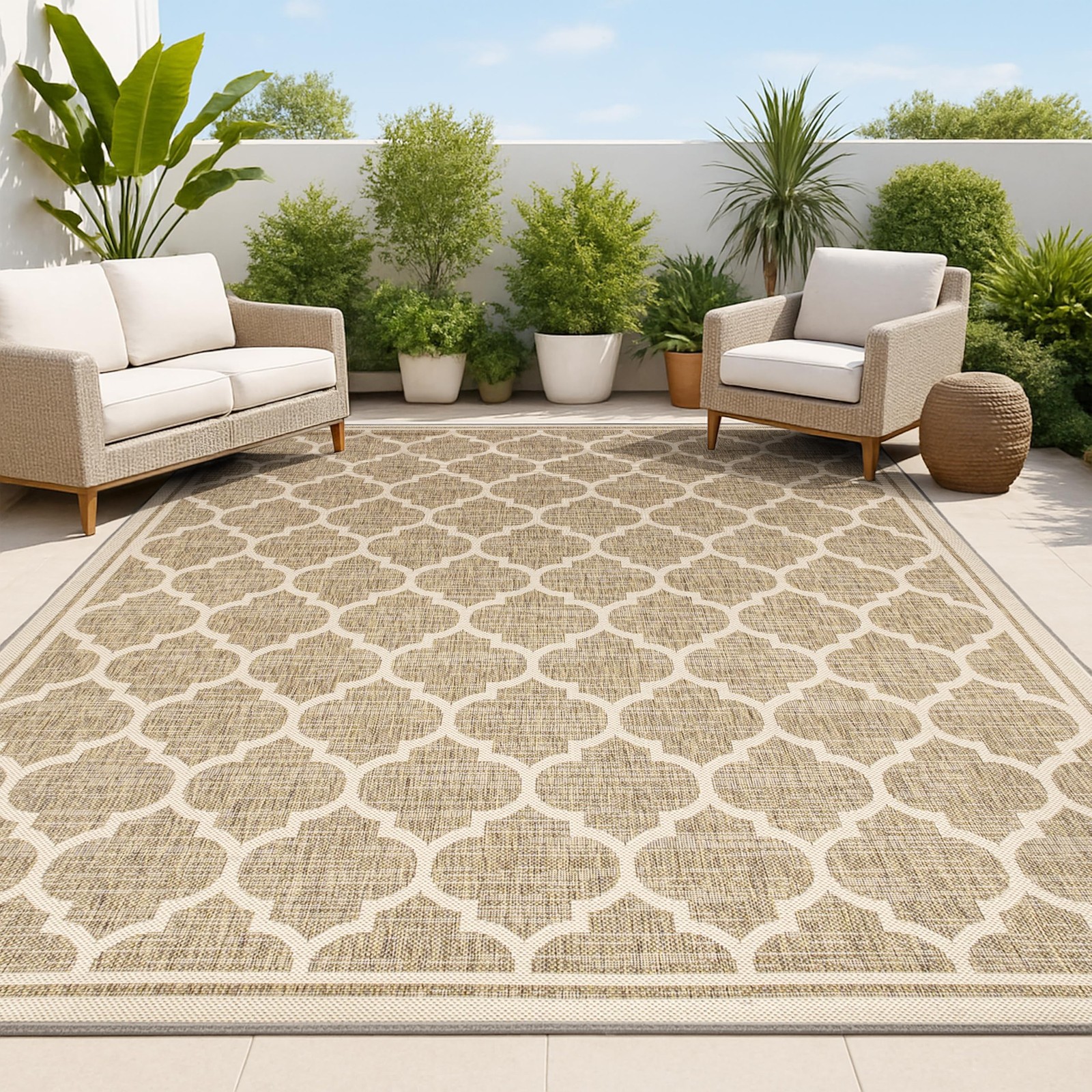 Moroccan Trellis Indoor Outdoor Area Rug 4X6 Brown/Beige, Trebol Textured Wea... gallery