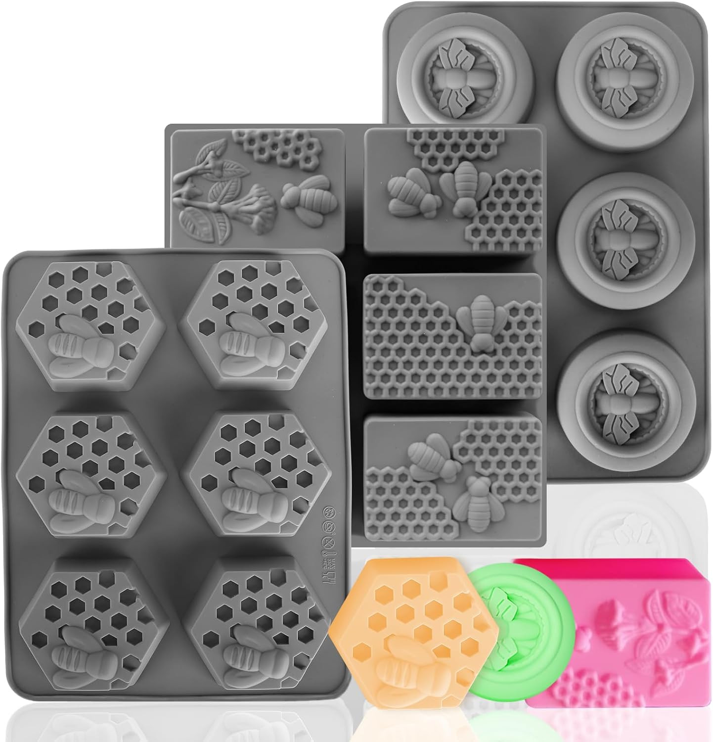 (More Styles Optional) 3 Pack Bee Soap Silicone Molds Set, round + Rectangular gallery