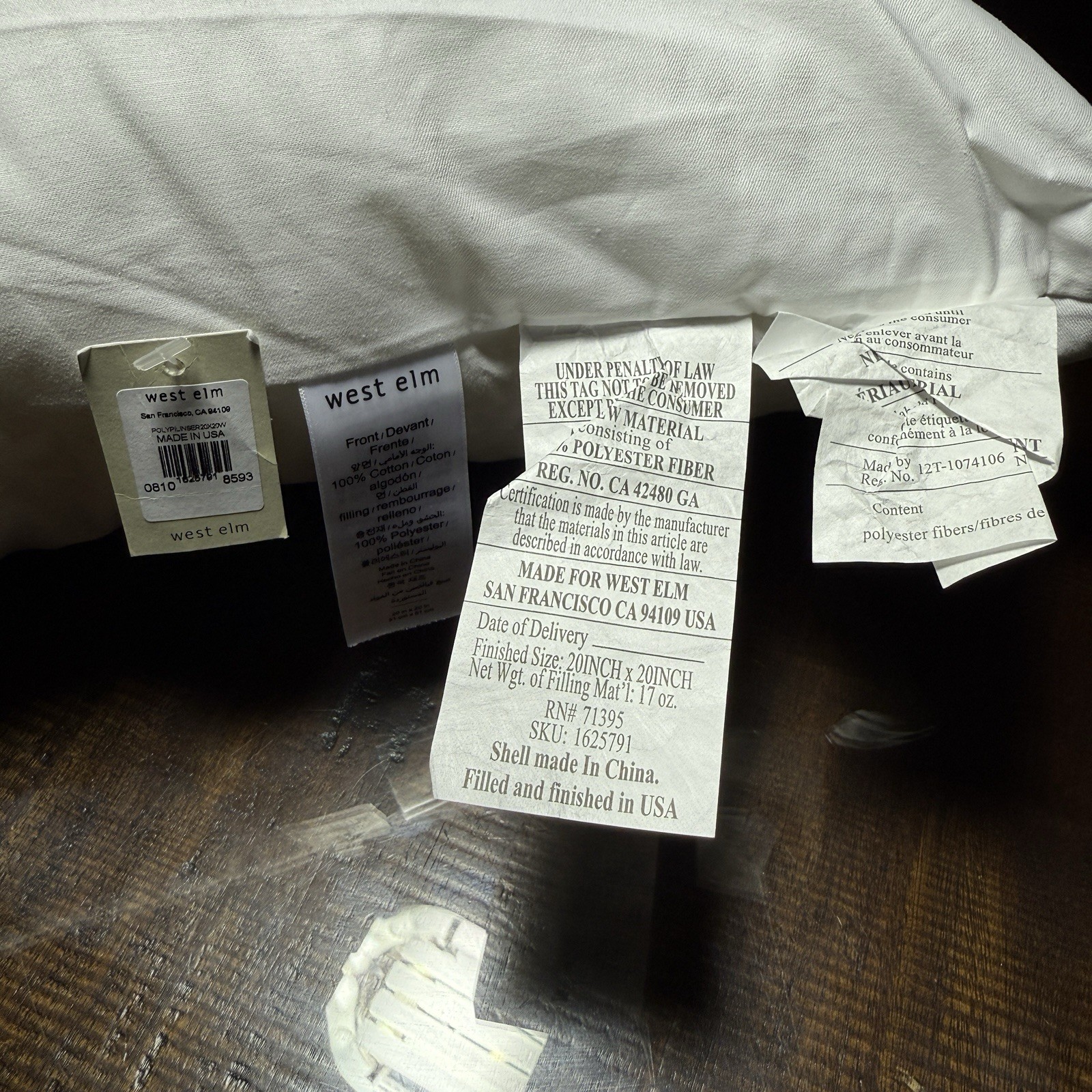 West Elm Pillow Insert Form White Decorative Pillow 20”x20” Cotton USA Made NEW gallery