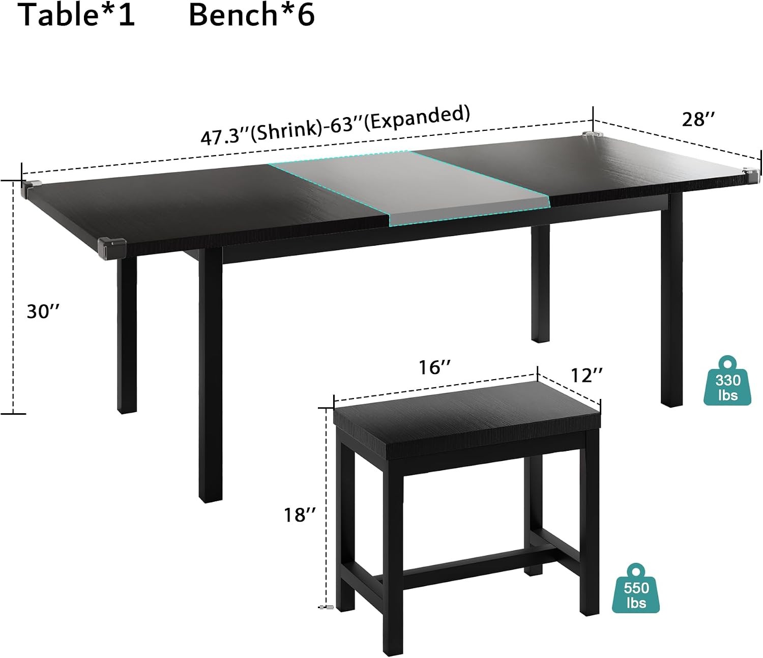 7-Piece Extendable Dining Table Set with 6 Stools 63" Kitchen Table Set gallery