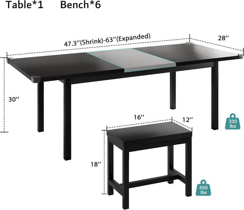 7-Piece Extendable Dining Table Set with 6 Stools 63" Kitchen Table Set gallery