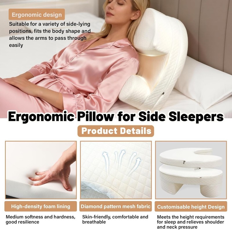 JZHLLA Adjustable Height Side Sleeper Pillow with Arm Holes, Ergonomic Side Slee gallery