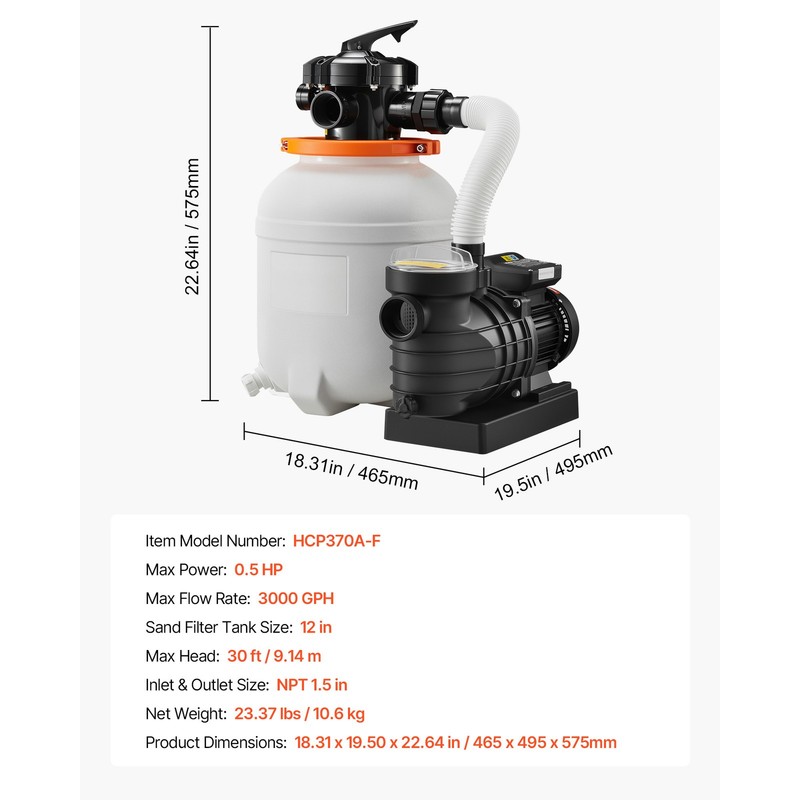 Uimoso 12" Sand Filter Pump with Timer, 3000 GPH, 0.5 HP for Above-Ground Pools gallery