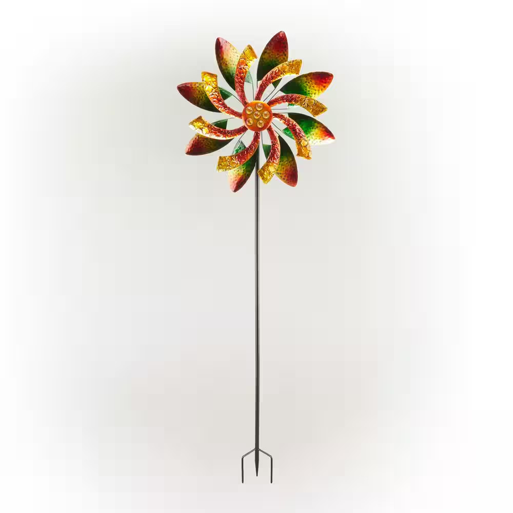 64 In. Tall Floral Windmill Stake with Jeweled Kinetic Spinner, Green and Orange gallery