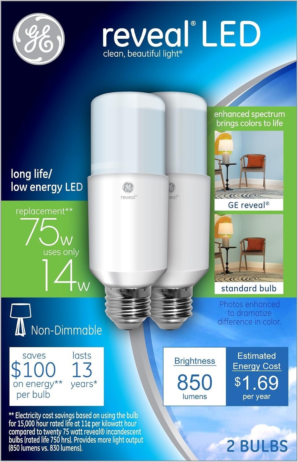 2 Pack GE Lighting 36470 Reveal LED Bright Stik Light Bulb Medium Base 14-Watt gallery