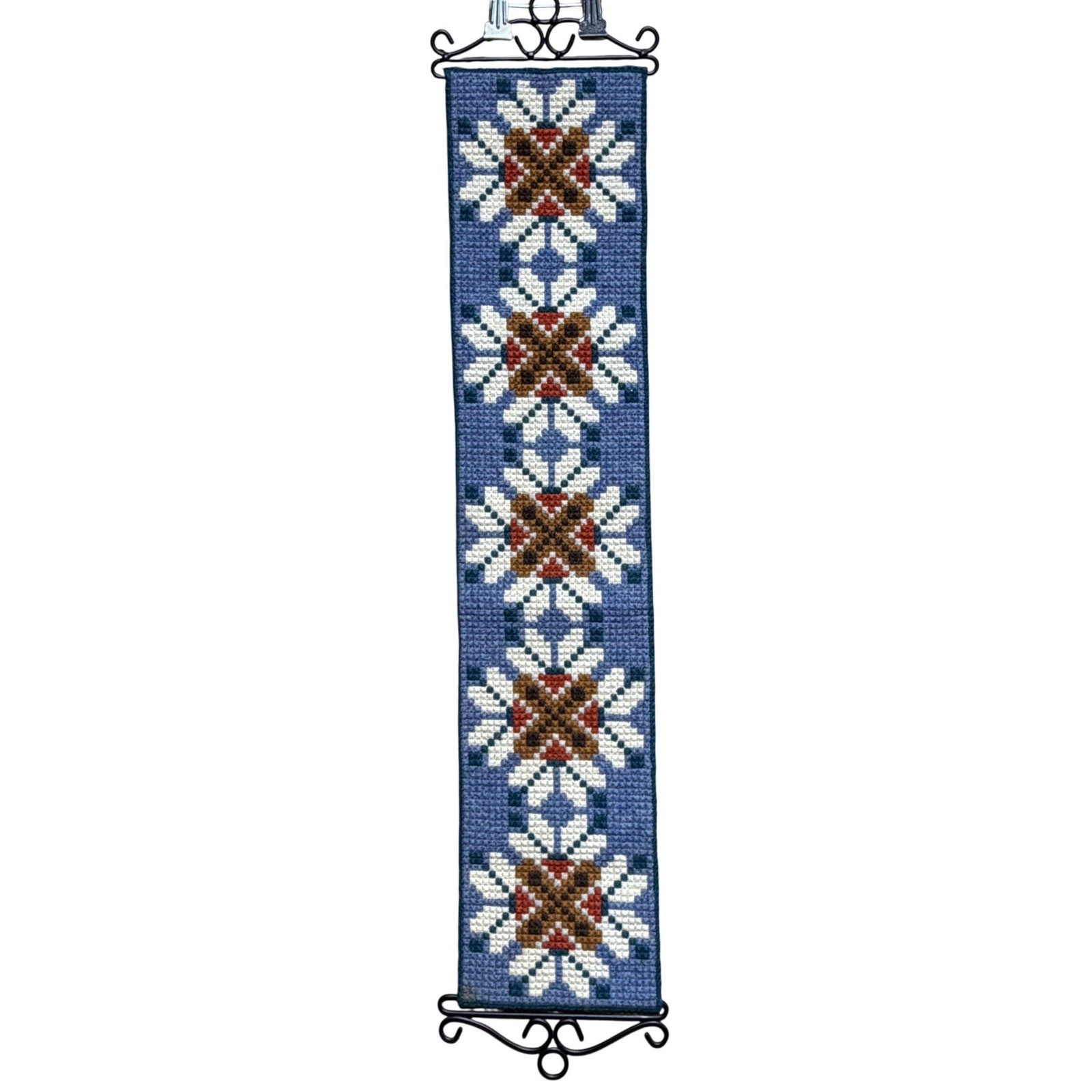 Vintage Scandinavian Needlepoint Bell Pull Blue Floral Wall Hanging Metal Trim gallery