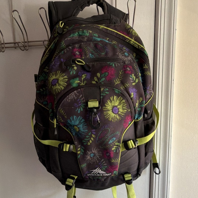 High Sierra Floral Hiking Backpack Black Multicolor 5 Pockets Multifunction