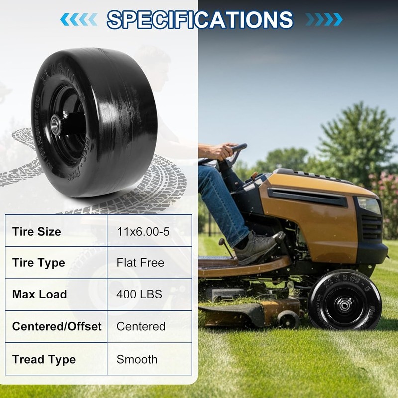 WEIZE 11x6.00-5 Lawn Mower Tire with Wheel Flat Fre Assembly 5.9"- 8.1" Set of 2 gallery
