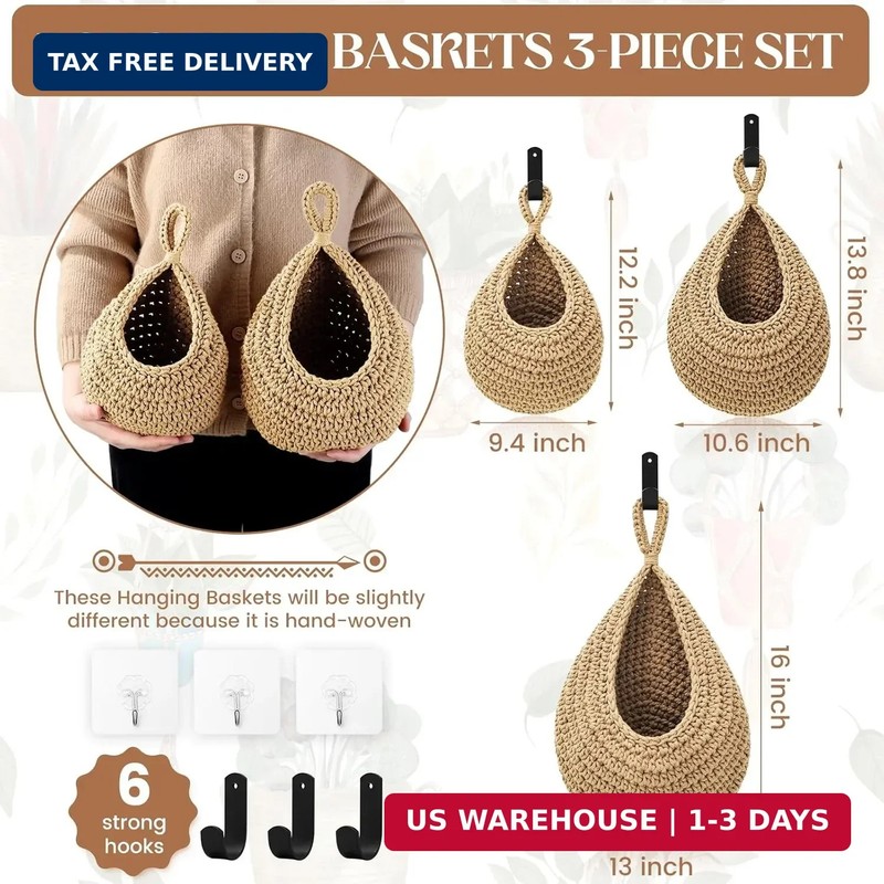 Wall Hanging Baskets for Organizing - 3 Pack Hanging Fruit Basket with 6 Pcs Str gallery