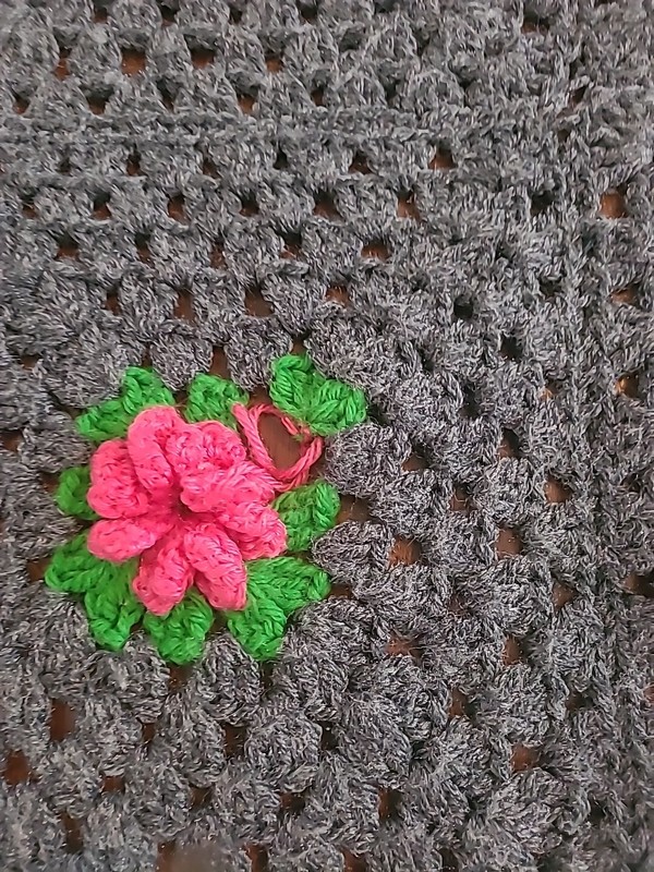 HANDMADE Crochet GREY GRANNY SQUARE AFGHAN Rose /Flower Throw Blanket 66" X 62" gallery