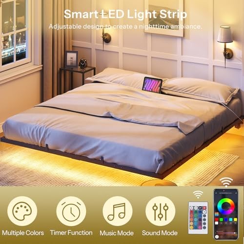 Floating Bed Frame Size, Bed Frame with Charging Station and LED Lights, King gallery