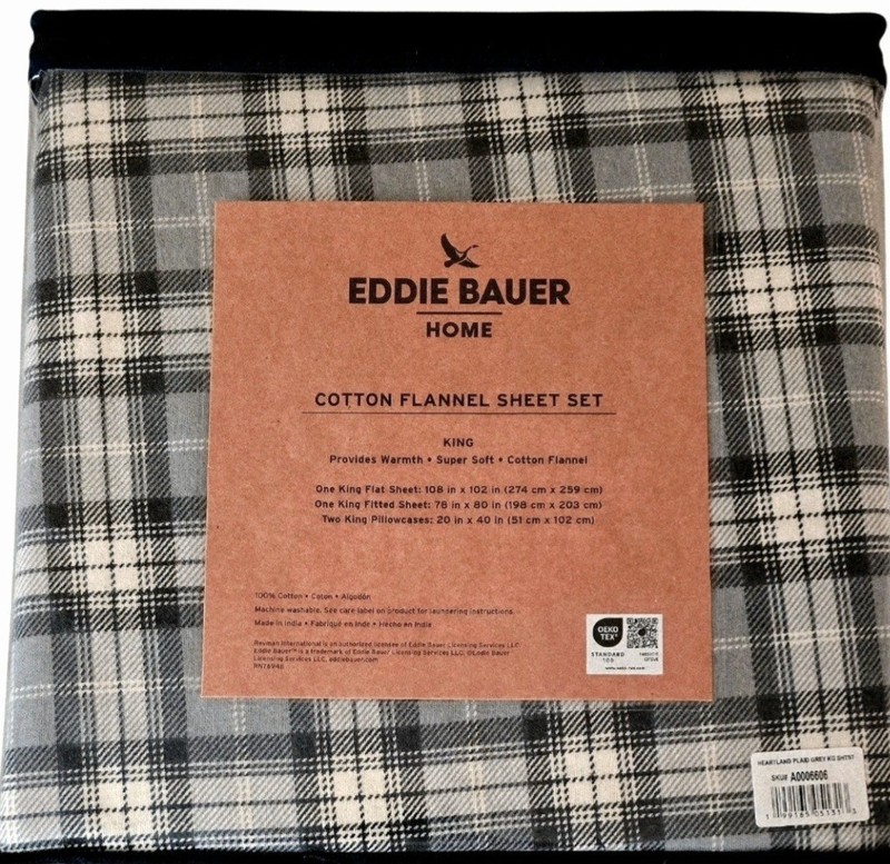 Eddie Bauer Gray, Black, & White Plaid, Super Soft,Cotton Flannel KING Sheet Set gallery