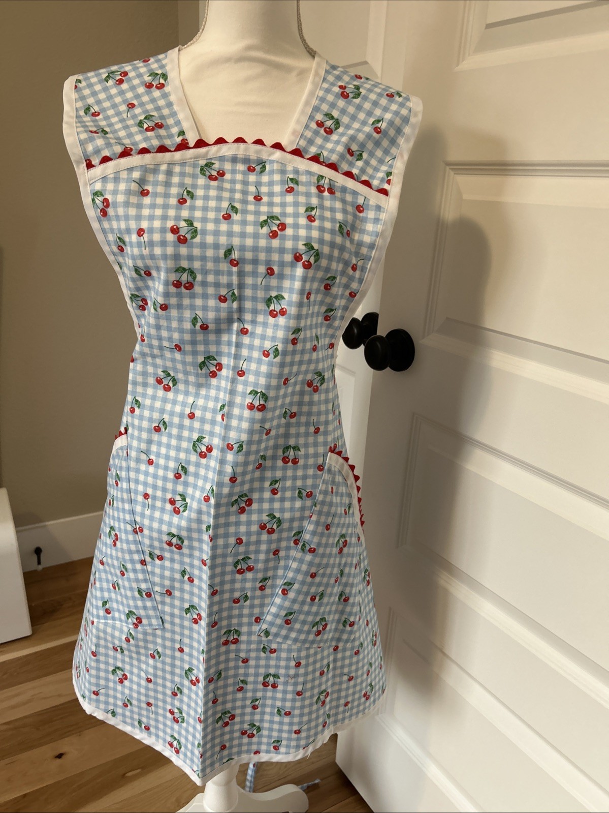 Handmade Bib Apron Size Lg-Xl￼Blue And White Checks With Red Cherries gallery