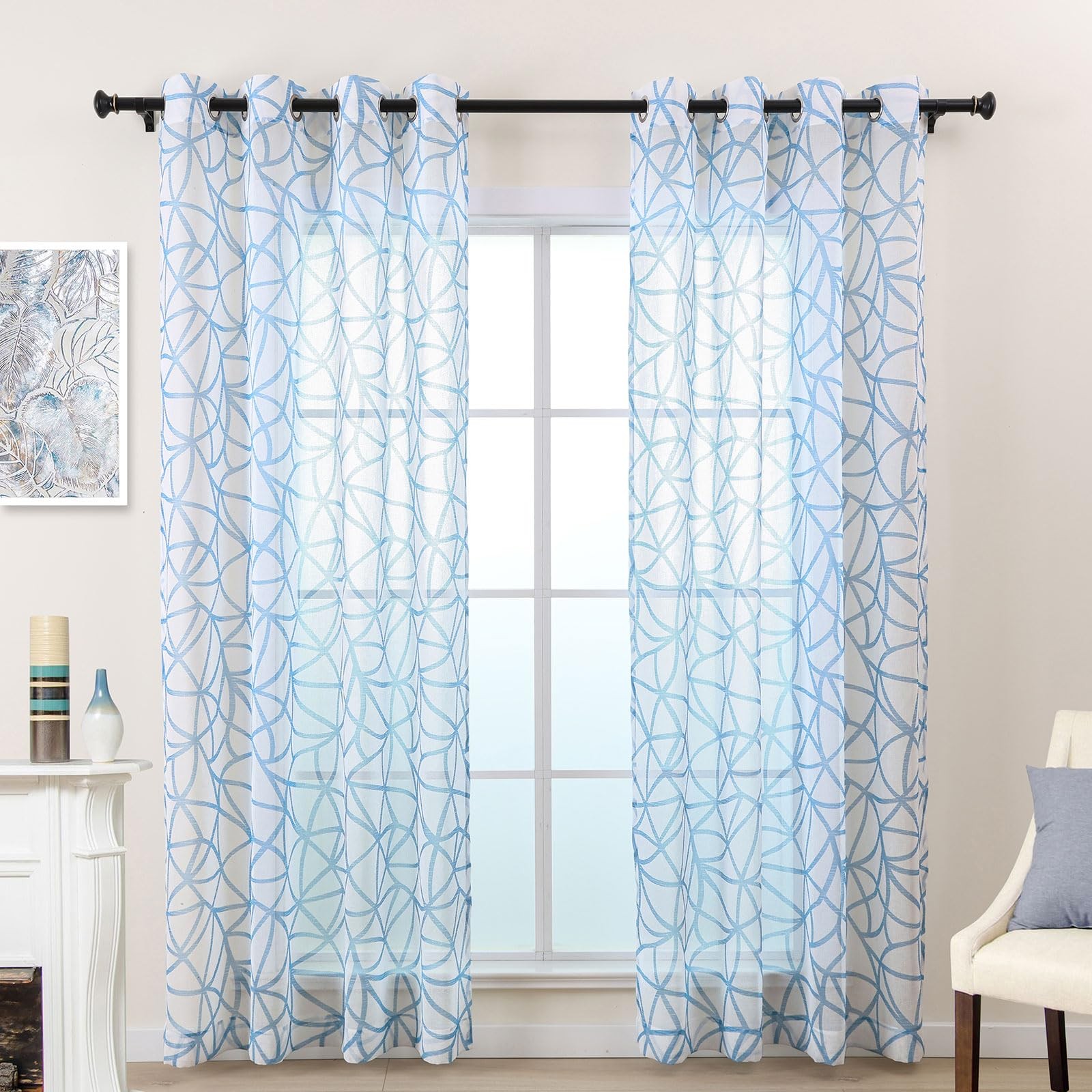 White Blue Sheer Curtains 72 Inch Length 2 Panels Set, Geometric Pattern Tran... gallery
