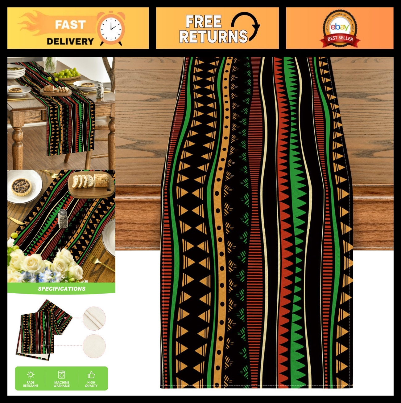 Traditional African Tribal Table Runner 13x72 Inch - Black History Month Decor, gallery