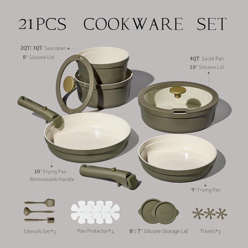 21pcs Ceramic Cookware Set with Detachable Handles, Pots and Pans Set Non Stick gallery