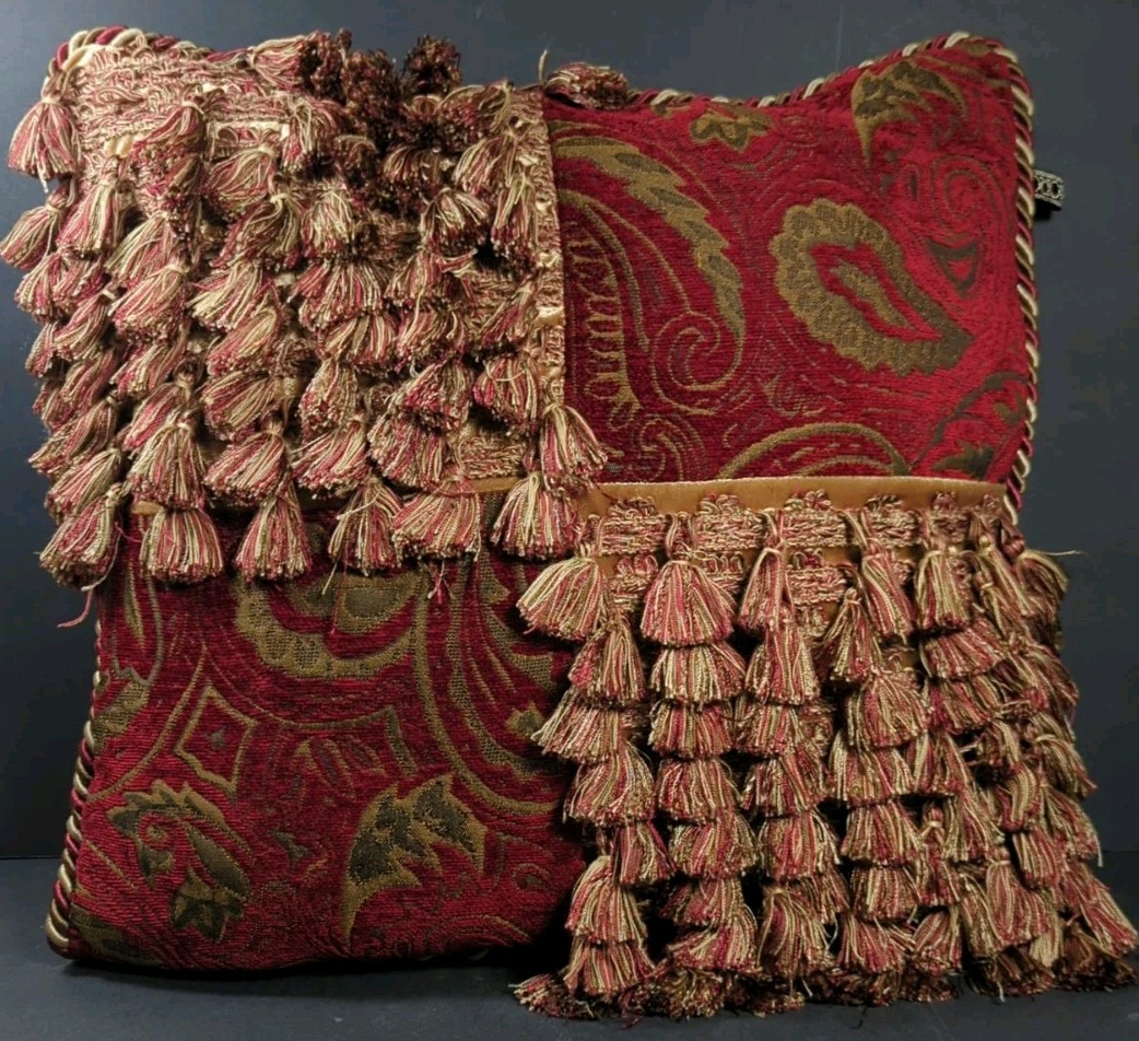 Borgata Throw Pillow Tassels Fringe Maroon Black Paisley Tan Velvet Glam 17x17" gallery