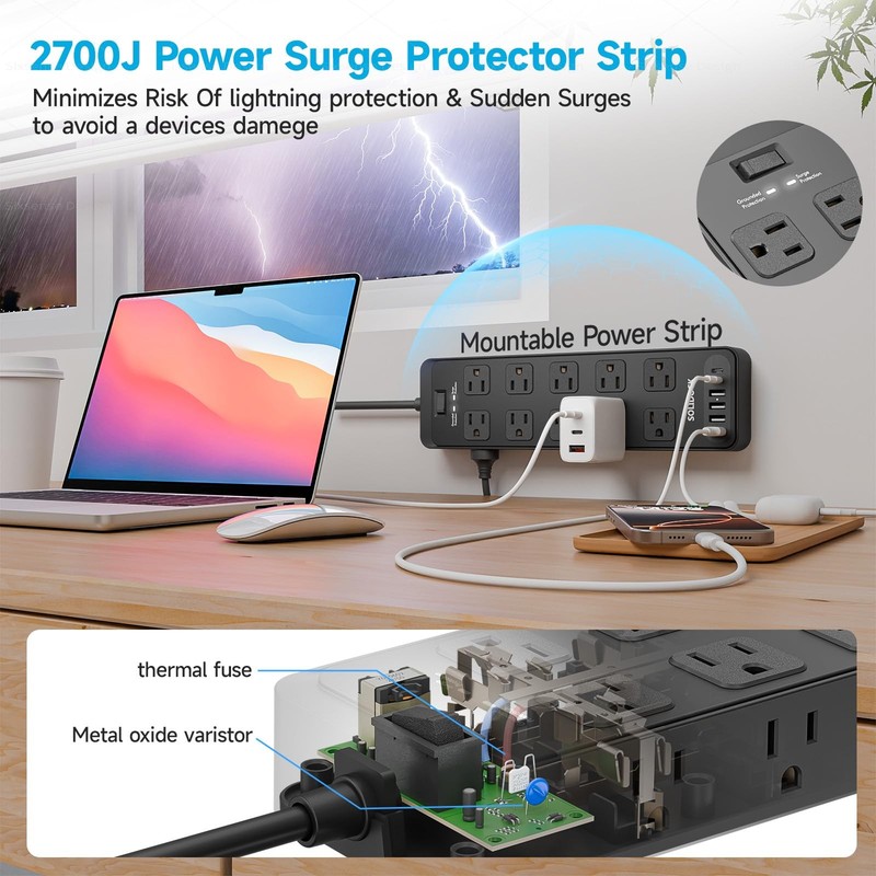 Flat Plug Power Strip Extension Cord with Multiple Outlets: 20 AC Outlets and... gallery
