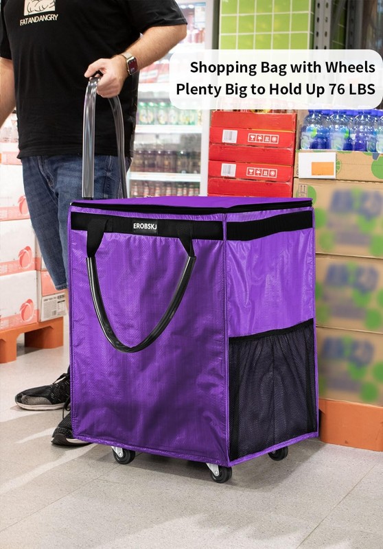 (Medium,Violet) Reusable Grocery Bag on Wheels, 70L Foldable Rolling Tote, Ex... gallery