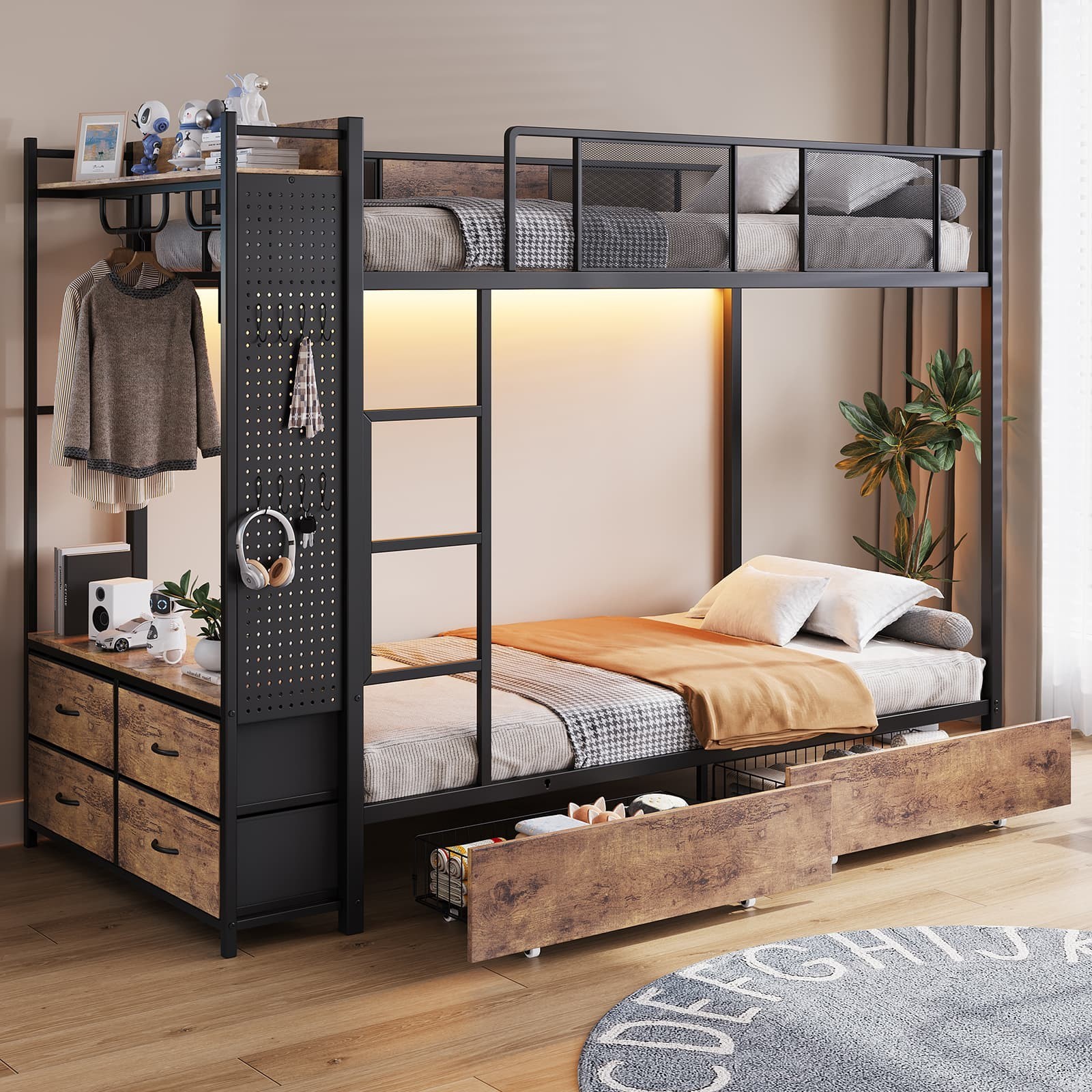 Twin Over Twin Bunk Bed Frame with 6 Storage Drawers, Bed Frame with LED & Power gallery