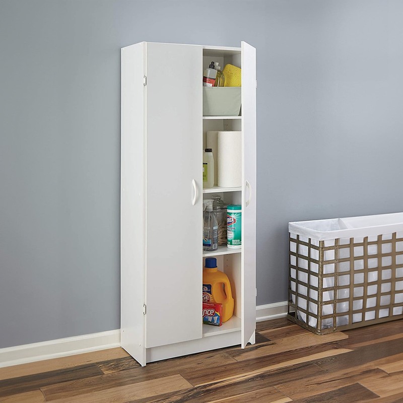 Tall Adjustable 4 Shelf Kitchen Pantry Cabinet 2 Door White Wood Utility Storage gallery