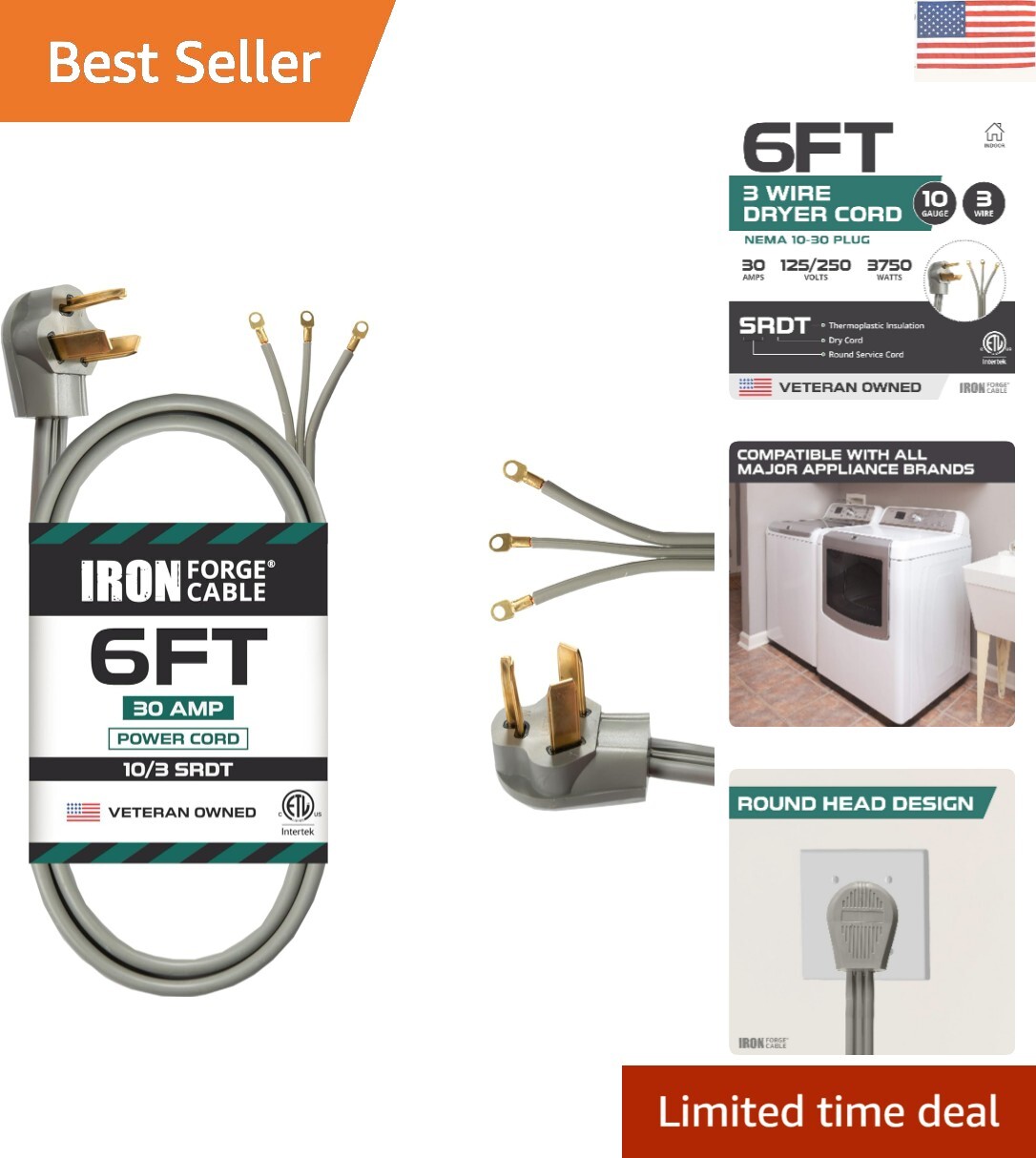 Moisture-Resistant 3-Prong Dryer Extension Cord 6 Feet - ETL Certified SRDT gallery