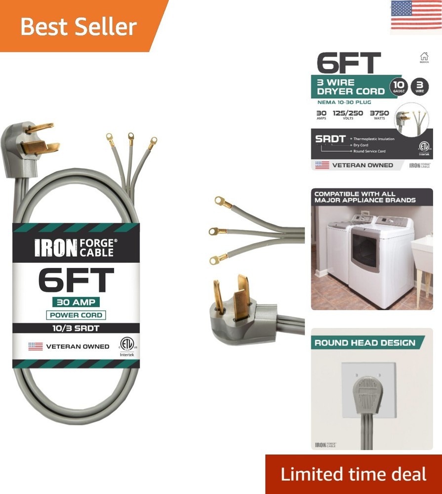 Moisture-Resistant 3-Prong Dryer Extension Cord 6 Feet - ETL Certified SRDT