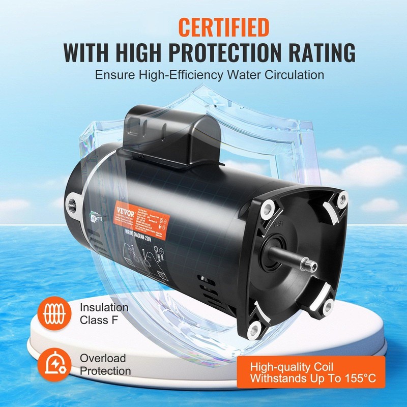 Pool Pump Motor 2HP, 56Y Frame, 230V, 3450RPM, Low-Noise 70dB, Steel Housing gallery