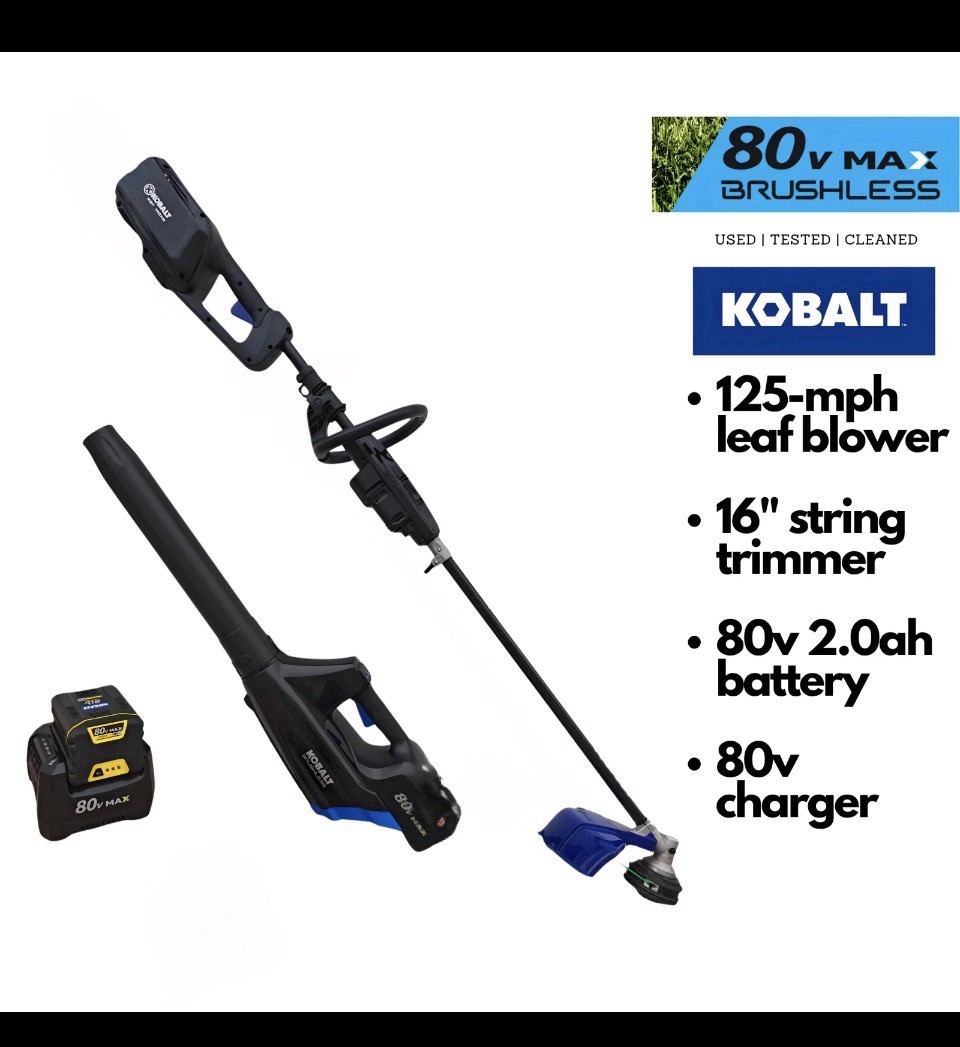 Kobalt 80V Brushless 16" String Trimmer & 500 CFM Blower Kit, Battery + Charger gallery
