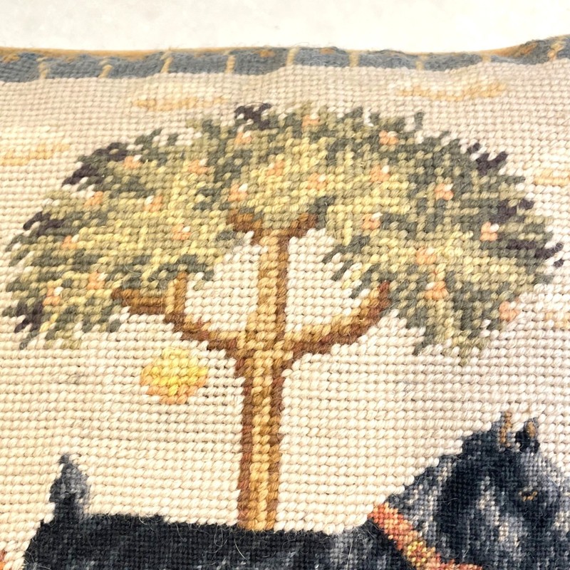 Vintage Needlepoint Throw Pillow Scottish Terrier Dog in Garden Velvet Back gallery