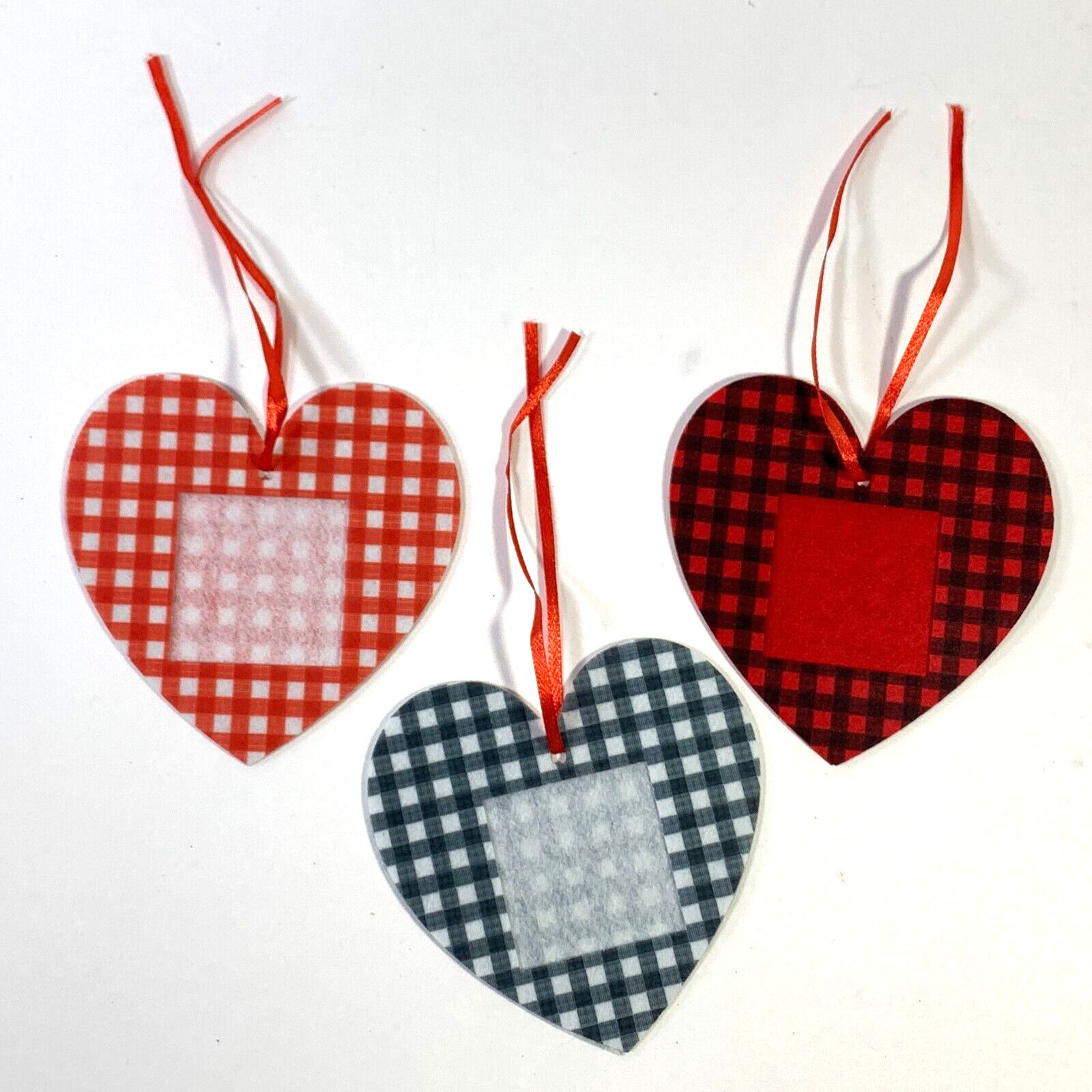 3 Picture Frame Ornaments Felt Heart Plaid Buffalo Check Christmas Engage Annv gallery