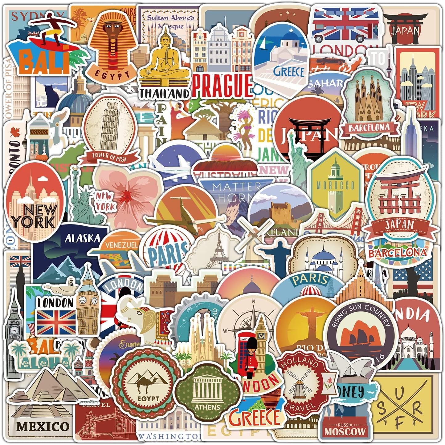 100 PCS Waterproof Travel Stickers – Map & Landmark Vintage Aesthetic Vinyl Set gallery