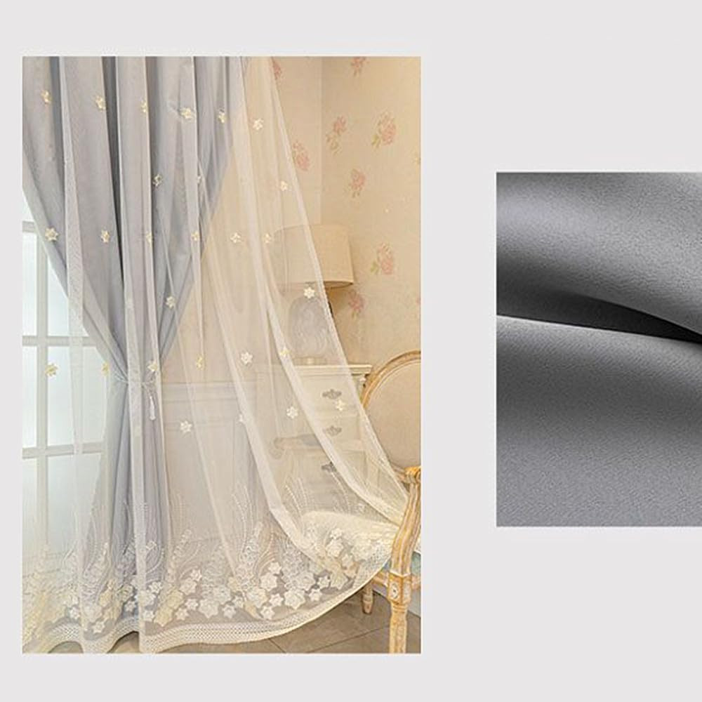 Luxury Floral Embroidered Double Layer Curtains for Girls Room - Grey 54x90 Inch gallery