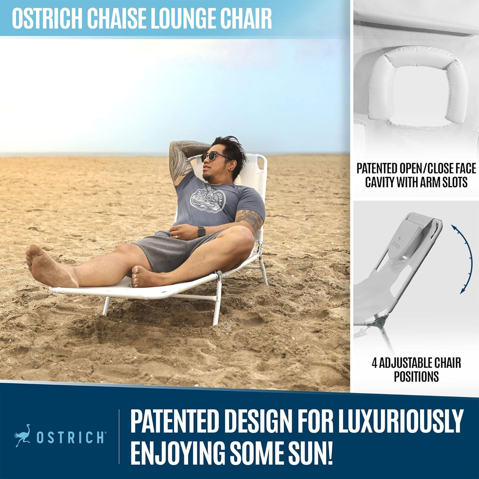 Ostrich Lounge Versatile Facedown Beach Tanning Chair, White (Open Box) gallery