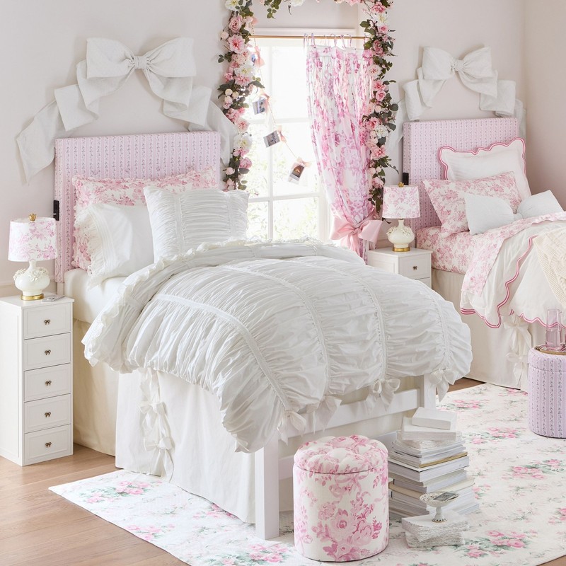 LoveShackFancy Garden Damask Pink Tufted Round Storage Ottoman Pink gallery