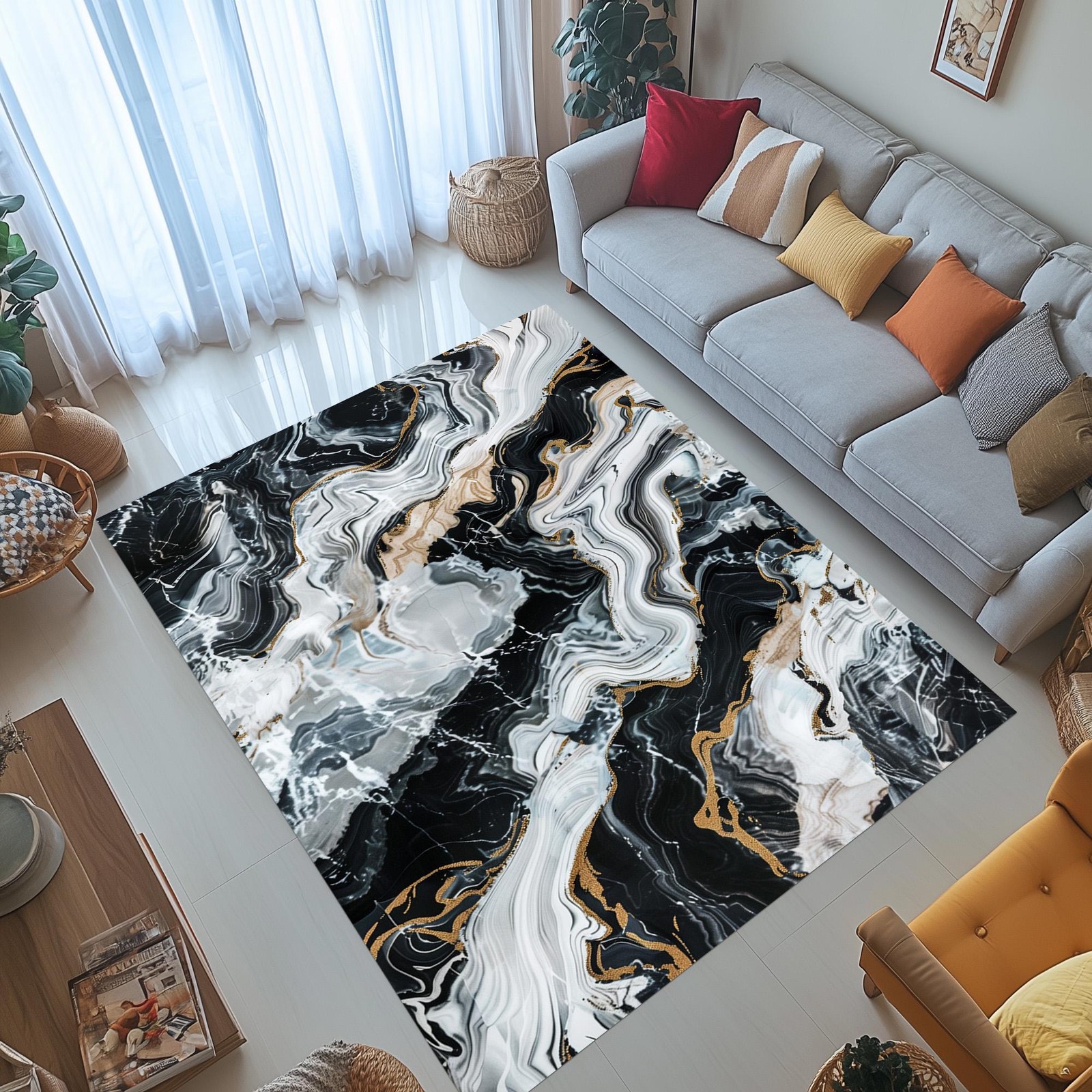 Black White Gold Marble Area Rug Abstract Vein Pattern Modern Luxury Decor gallery