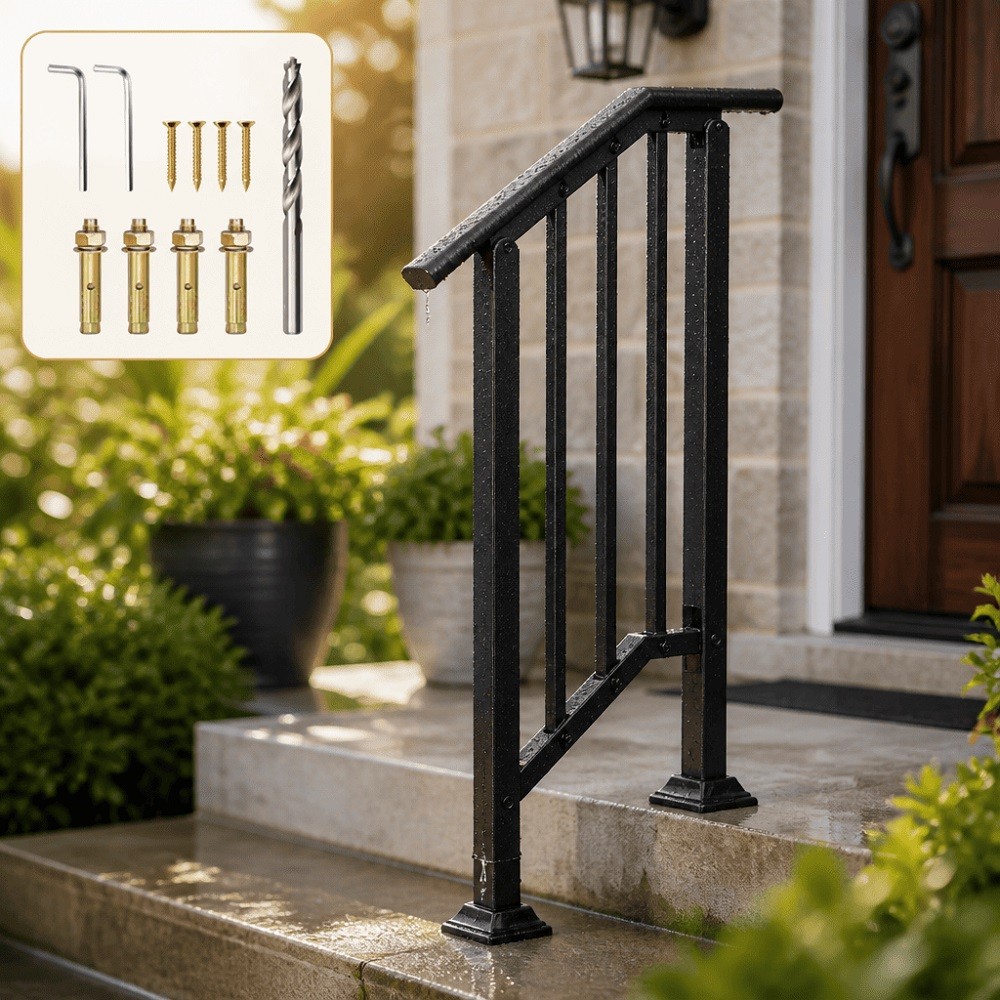 Handrails for Outdoor Steps 1 to 2 Stair Railing Wrought Iron Hand Rail 600lbs gallery