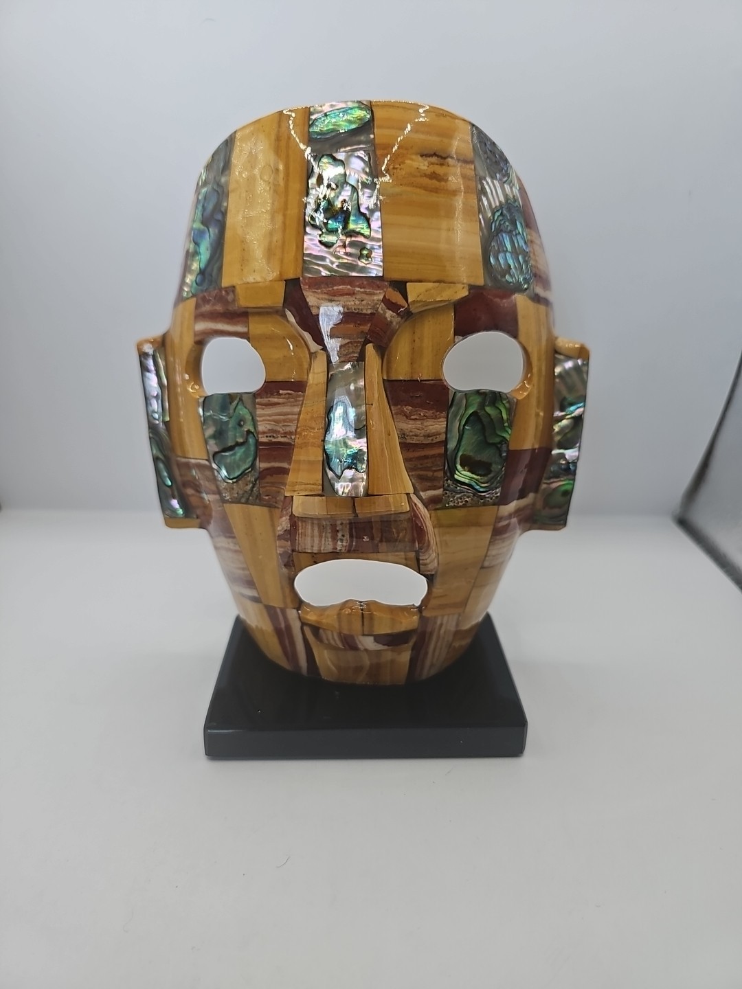 Vintage Abalone Precious Stone Face Mother Of Pearl Mask On A Black Marble Stand gallery