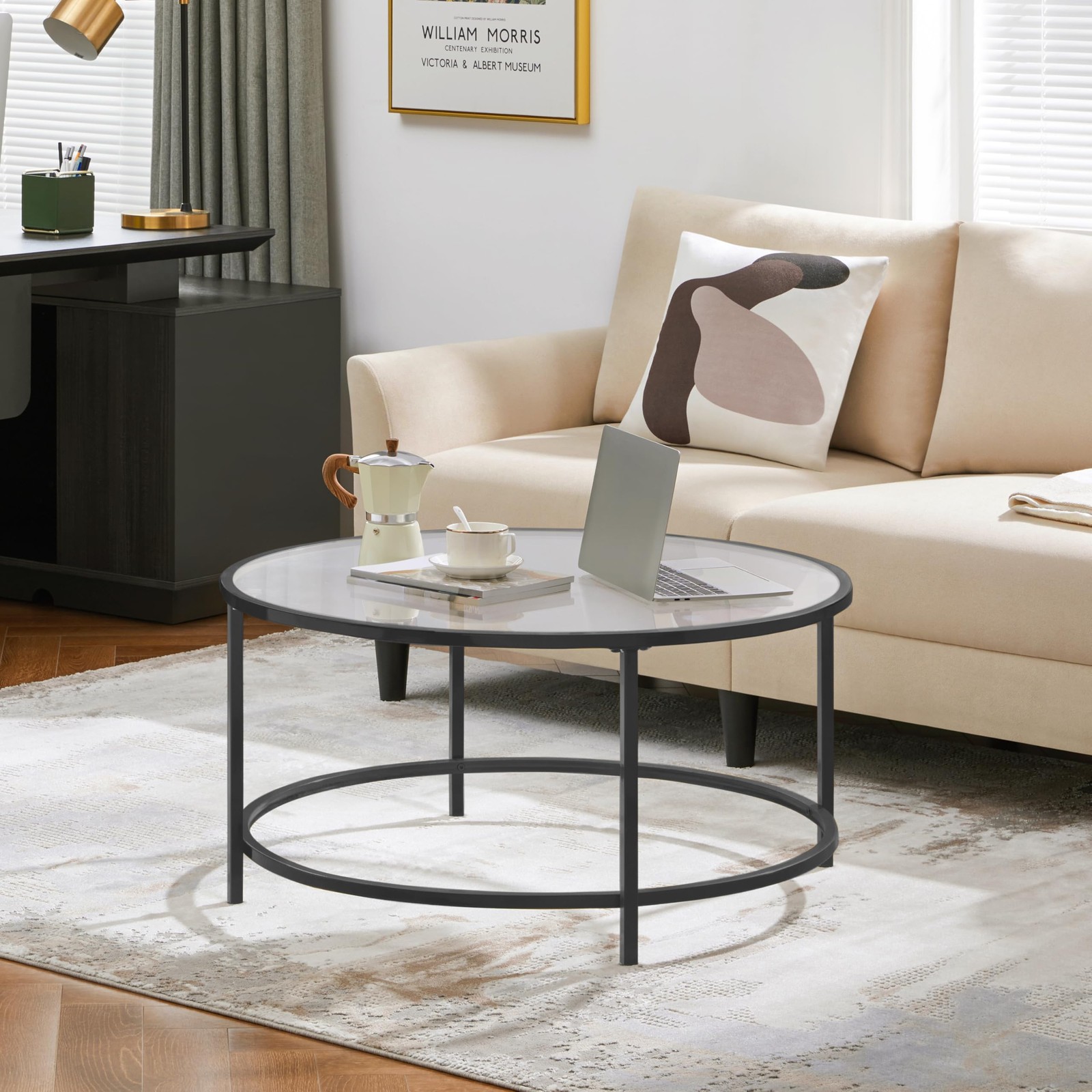 36" Round Glass Coffee Table, Black Circle Coffee Table Center Table w/Glass Top gallery