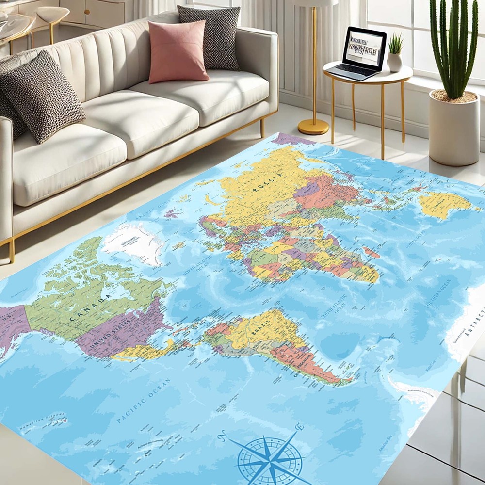 World Map Carpet, Educational Living Room Accent, Unique Global Perspective, Vib